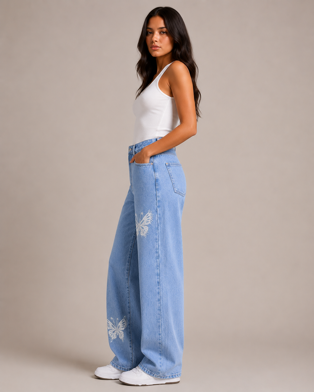 Women's Butterfly Print Wide Leg Denim Jeans – High Waist Relaxed Fit Graphic Casual Streetwear Jeans