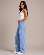 Women's Butterfly Print Wide Leg Denim Jeans – High Waist Relaxed Fit Graphic Casual Streetwear Jeans